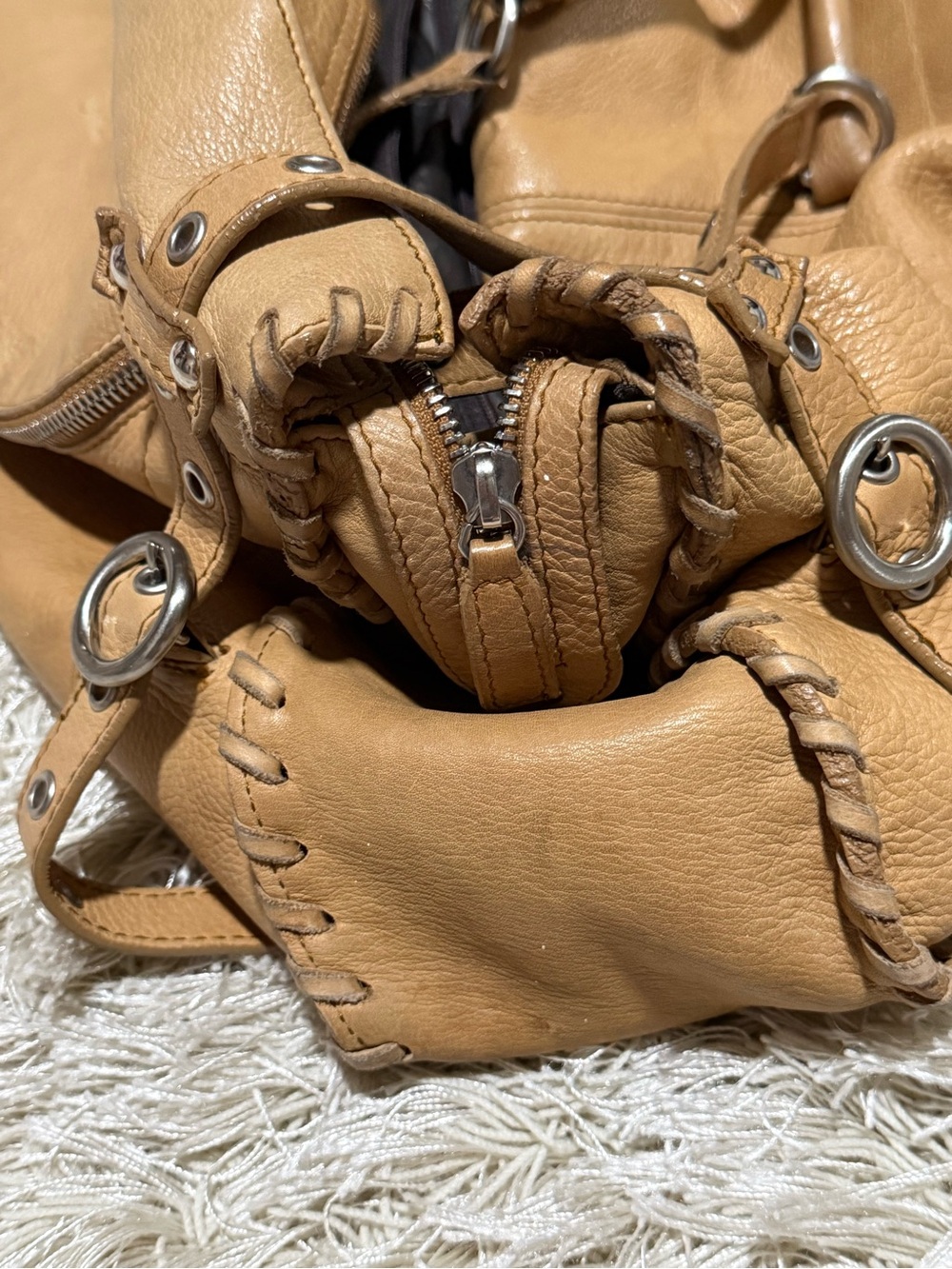 Furla Italian Leather Slouchy Hobo Shoulder Bag Whipstitch Tote - Picture 10 of 11